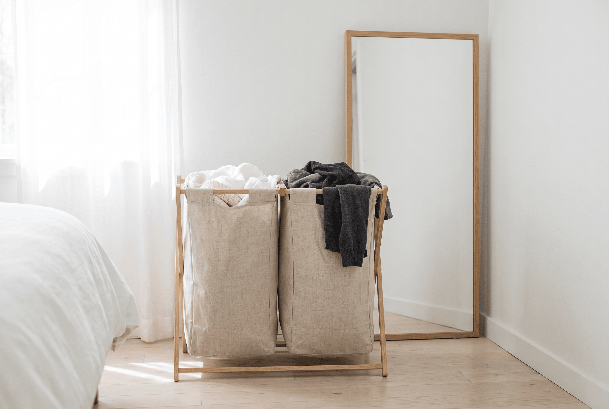 Two-compartment linen laundry hamper holding white and dark clothes, with an oak-framed full-length mirror leaning on the wall behind