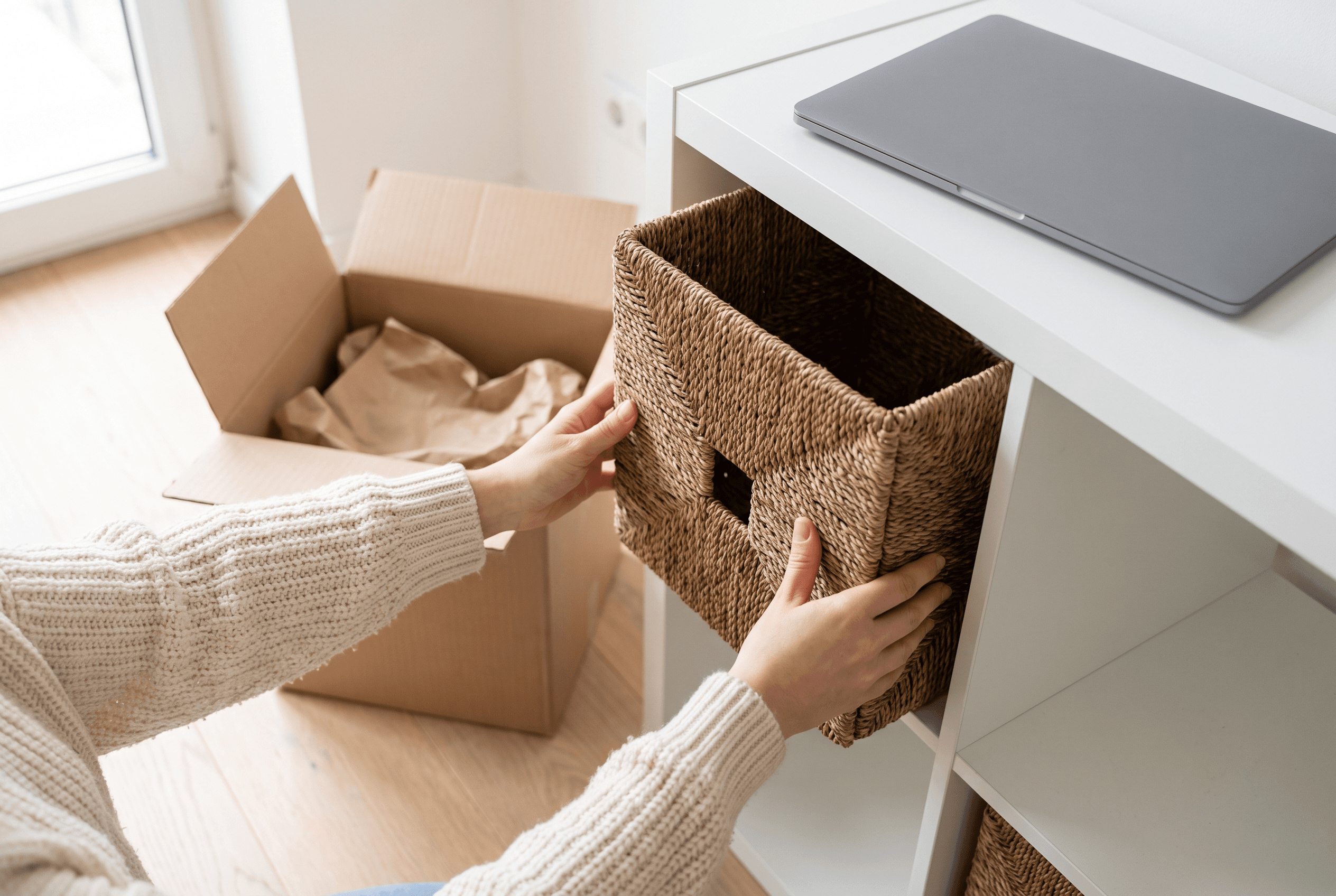 Hands sliding a woven storage basket into a white cube shelf beside an open delivery box and closed laptop
