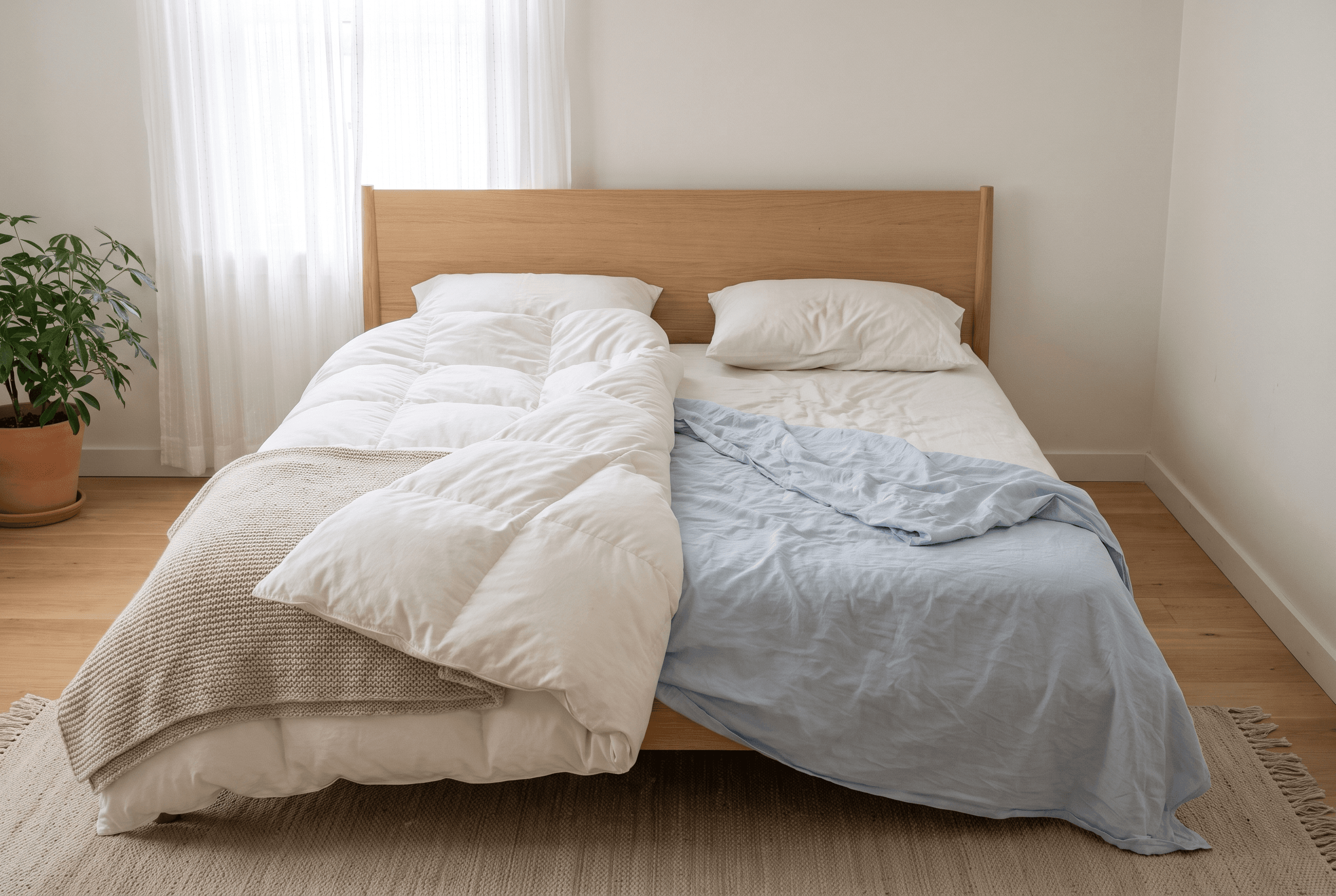 A double bed with a thick white duvet on one side and a thin pale-blue sheet on the other.