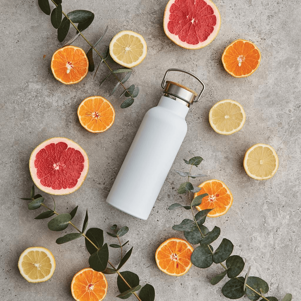White insulated bottle with a bamboo-topped steel lid lying among sliced citrus and eucalyptus sprigs