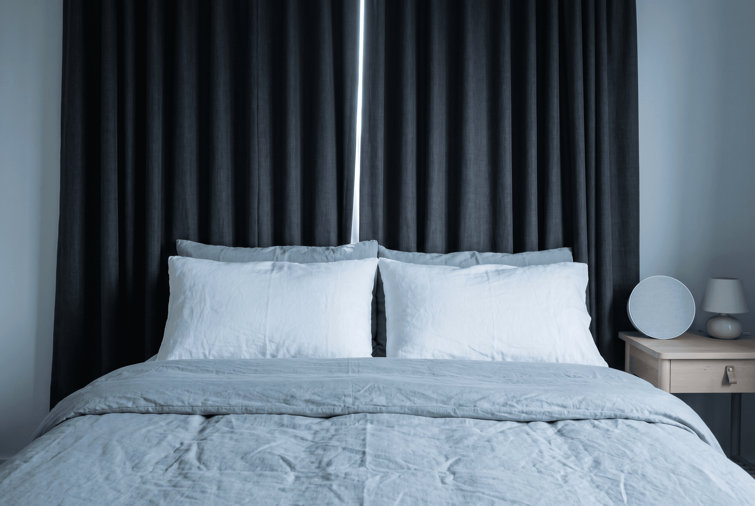 Made bed with white pillows and blue-grey linen in front of drawn charcoal blackout curtains with a sliver of light